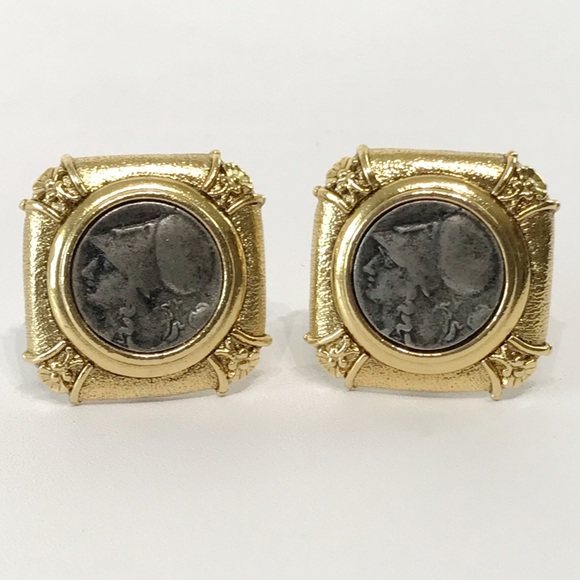 1928 Ancient Coins Framed Roman Greek Mixed Metal Gold Silver Clip On Earrings - Picture 6 of 13